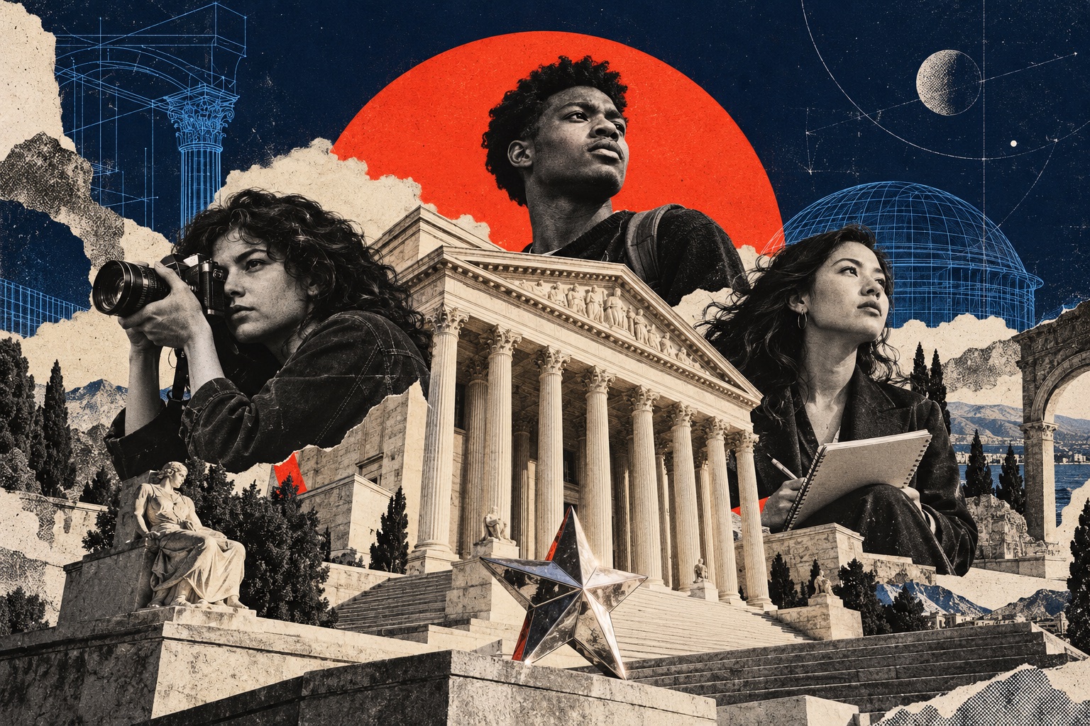 Imagined university of the future: young creators and researchers around a classical portico, under a rising red sun.